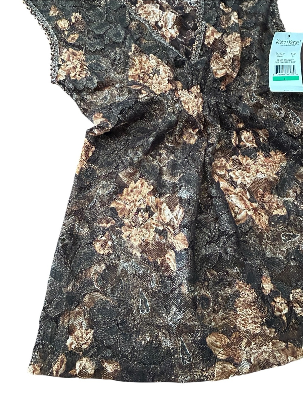 Karen Kane Brown Floral Lace-Trim V-Neck Spice Market Shirred Top SZ L Rare NWT - Picture 10 of 14